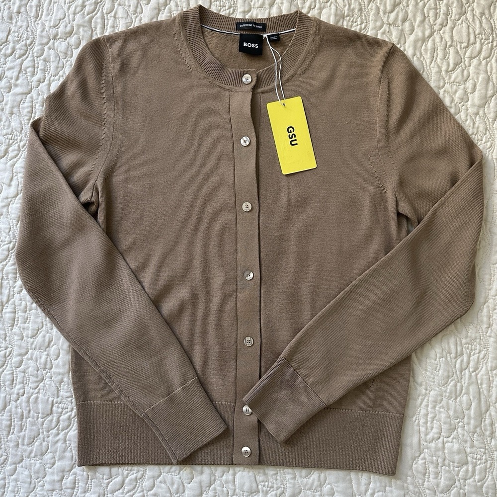 Hugo Boss Super Fine Merino Wool Cardigan Sweater Womens XS Long Sleeve Tan NWT
